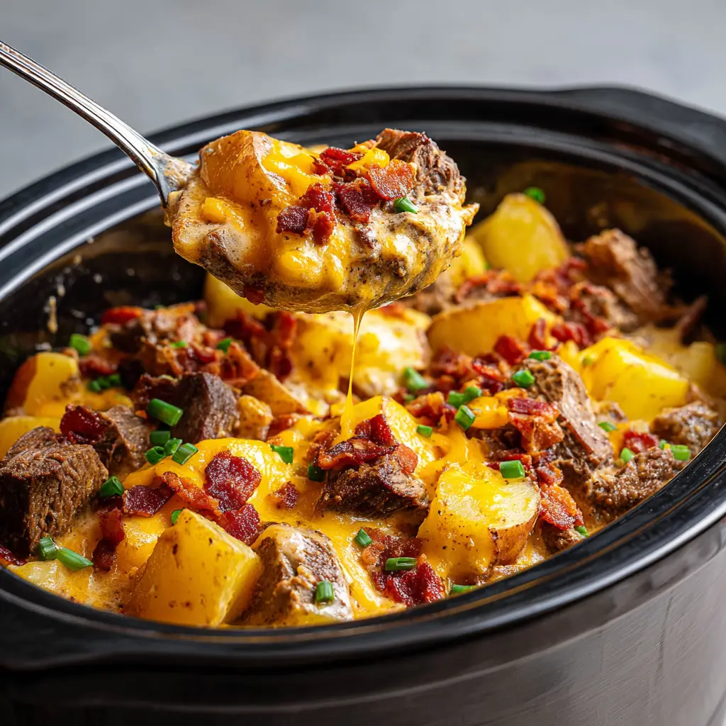 Crockpot Steak and Potatoes: The Ultimate Loaded Cheesy Bake 1 Thick, gooey melted cheese covering seared chunks of beef steak and tender potatoes in a slow cooker.