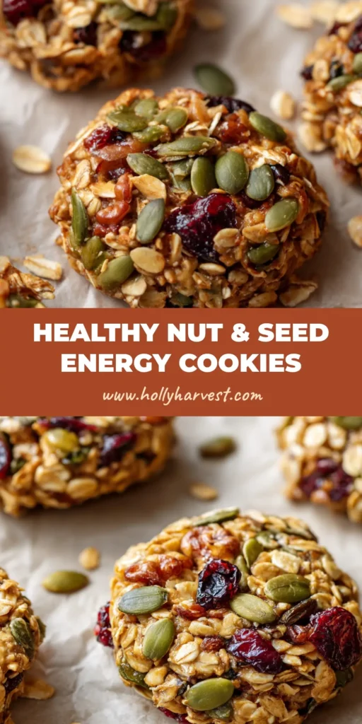 Healthy Nut & Seed Cookies for Pure Morning Energy 4 A stack of highly textured, chunky Healthy Nut & Seed Cookies packed with oats, bright green pumpkin seeds, and dark red dried cranberries, resting on crinkled parchment paper.