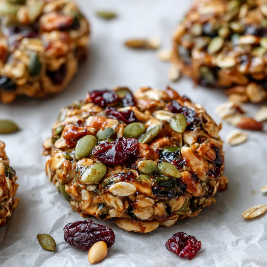 Healthy Nut & Seed Cookies for Pure Morning Energy 2 Close-up of a Healthy Nut & Seed Cookie showing a bumpy surface with toasted almonds, walnuts, and glossy golden-brown edges.