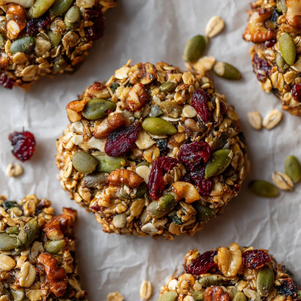 Healthy Nut & Seed Cookies for Pure Morning Energy 1 Scattered loose seeds, oats, and cranberries surrounding thick Healthy Nut & Seed Cookies on pale parchment paper under soft natural daylight.