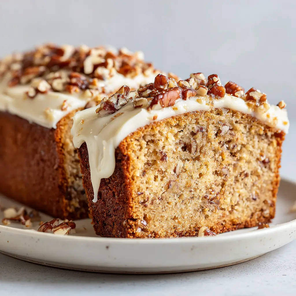 The Ultimate Butter Pecan Loaf Cake 1 Butter Pecan Loaf Cake showing thick white cream cheese frosting slightly dripping over the edges, surrounded by roasted pecans.