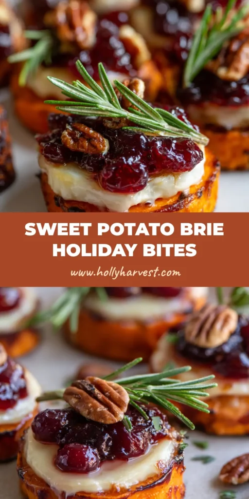 A close-up of Sweet Potato Rounds topped with draped melted brie, thick burgundy cranberry sauce, chopped pecans, and fresh rosemary.