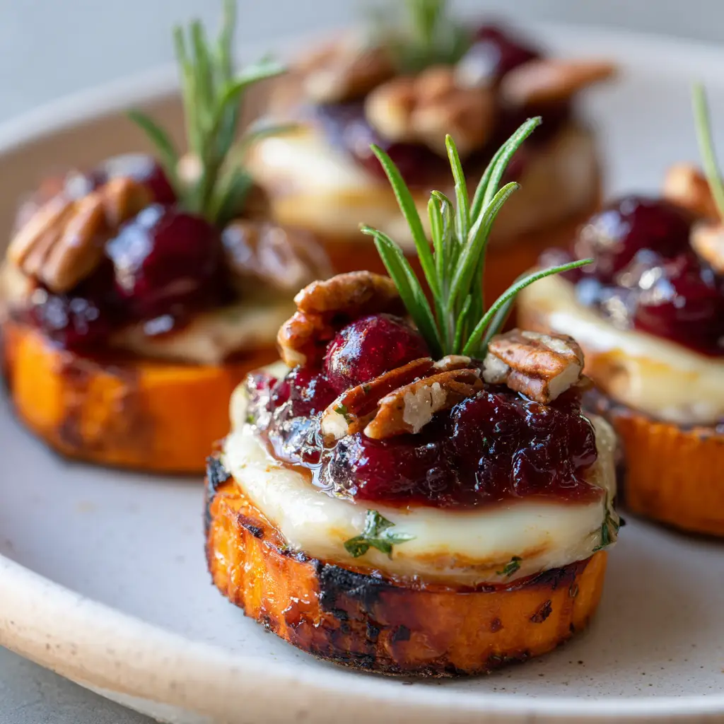 Close-up detail of glossy, deep burgundy cranberry sauce and melted brie cheese resting on a bright orange roasted sweet potato slice.