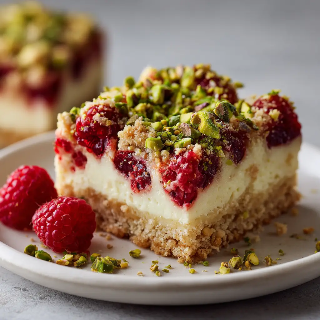 The Ultimate Raspberry Pistachio Bars: A Step-by-Step Dessert Guide 2 Close-up shot of sliced Raspberry Pistachio Bars showing the golden crumbly crust and fresh raspberries on a white ceramic plate.