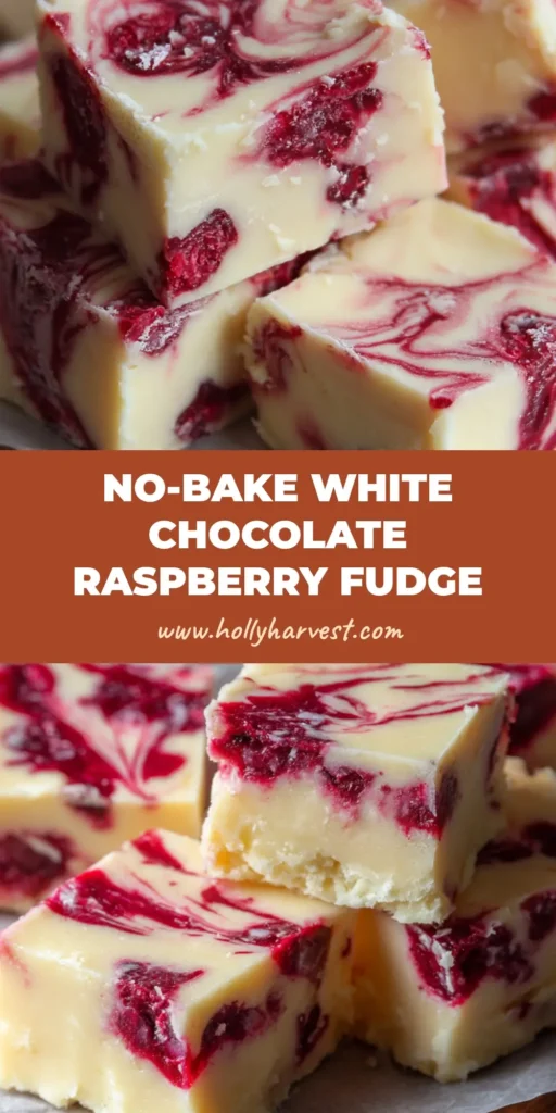 A top-down view of thick squares of creamy White Chocolate Raspberry Fudge with glossy red fruit ribbons on parchment paper.