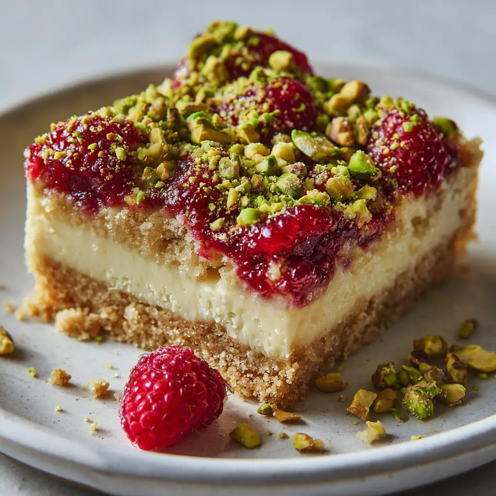 The Ultimate Raspberry Pistachio Bars: A Step-by-Step Dessert Guide 1 Delicious Raspberry Pistachio Bars garnished heavily with bright green toasted pistachios and fresh red raspberries.