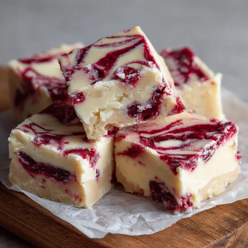 Close-up shot of dense, creamy White Chocolate Raspberry Fudge showing intricate red raspberry puree swirls resting on a rustic wooden cutting board.
