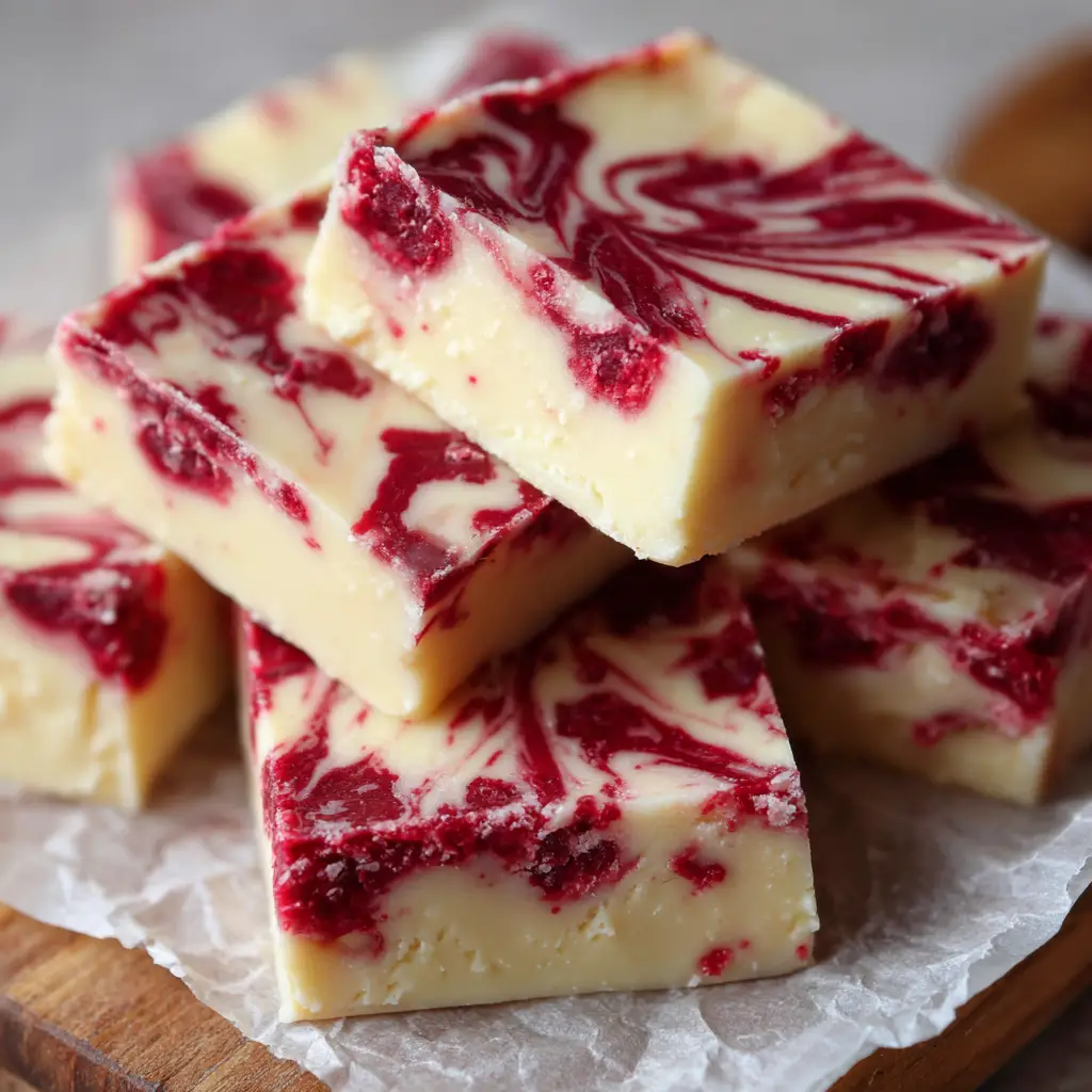 A handheld smartphone photo showcasing the smooth and rich fudge texture with vibrant red raspberry puree visible in the slice.