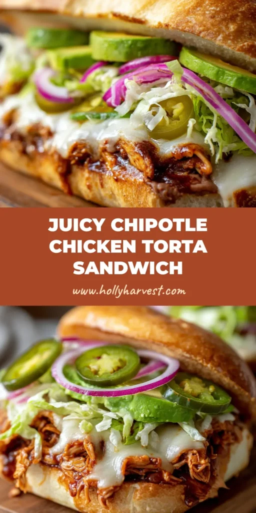A halved Chicken Torta Sandwich resting on a wooden cutting board with vibrant avocado, melted cheese, and smoky chipotle shredded chicken.