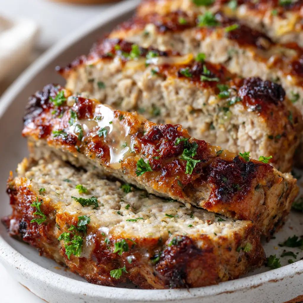 Sliced chicken meatloaf resting on a rustic white ceramic platter garnished with fresh parsley and roasted minced garlic.