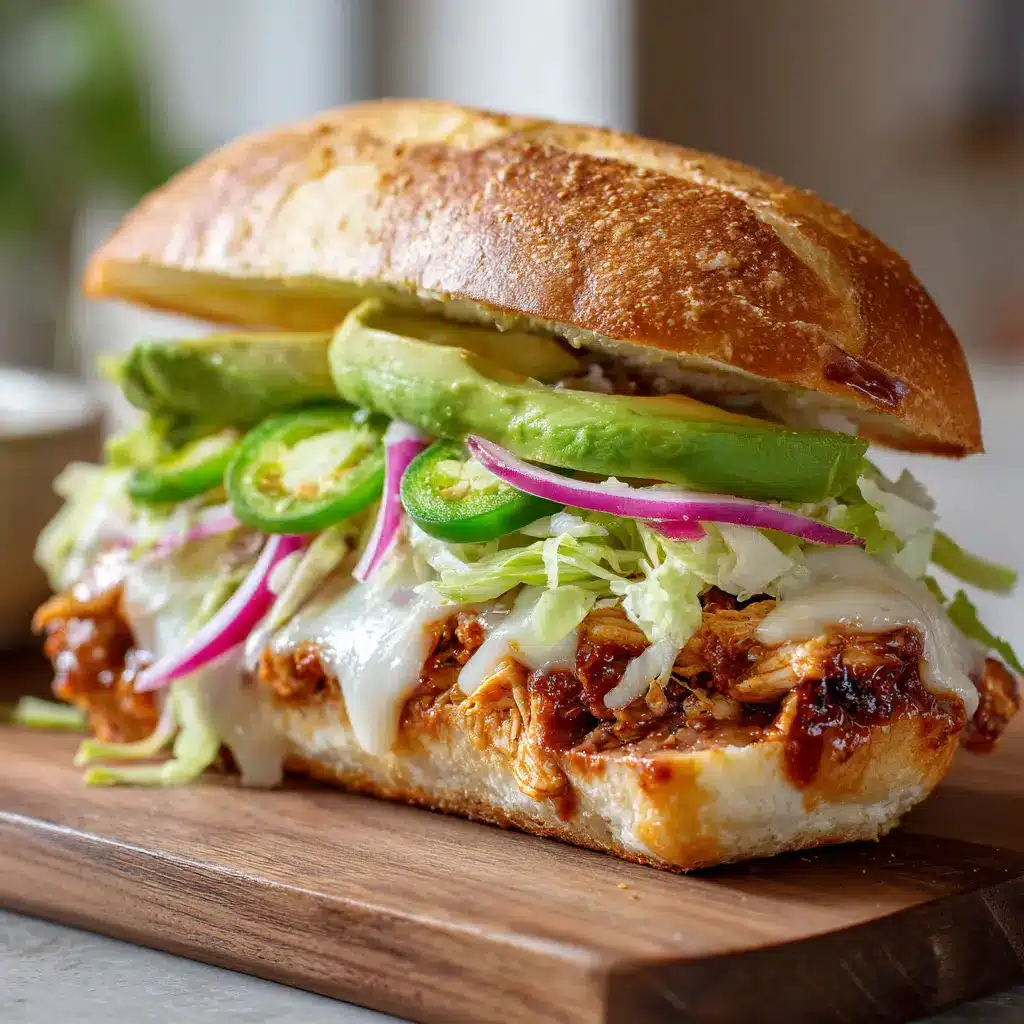 Close-up of a halved Chicken Torta Sandwich showing a toasted bolillo roll, smooth refried beans, reddish-brown smoky chicken, and melted white Monterey Jack cheese.