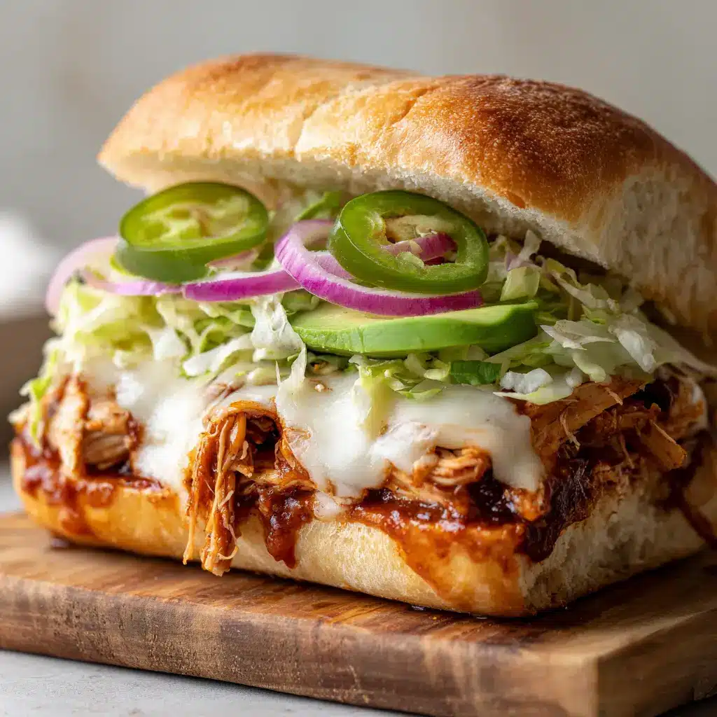 Top half of a toasted golden-brown bolillo roll resting at an angle on a juicy Chicken Torta Sandwich with fresh avocado, red onion rings, and pickled jalapeños.