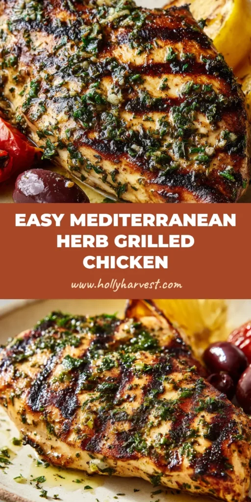 Sensational Mediterranean Grilled Chicken with Blistered Tomatoes 4 A close up photo of Mediterranean grilled chicken resting on a rustic white plate, coated in a dark green parsley and garlic crust, surrounded by blistered cherry tomatoes, kalamata olives, and charred lemon wedges.