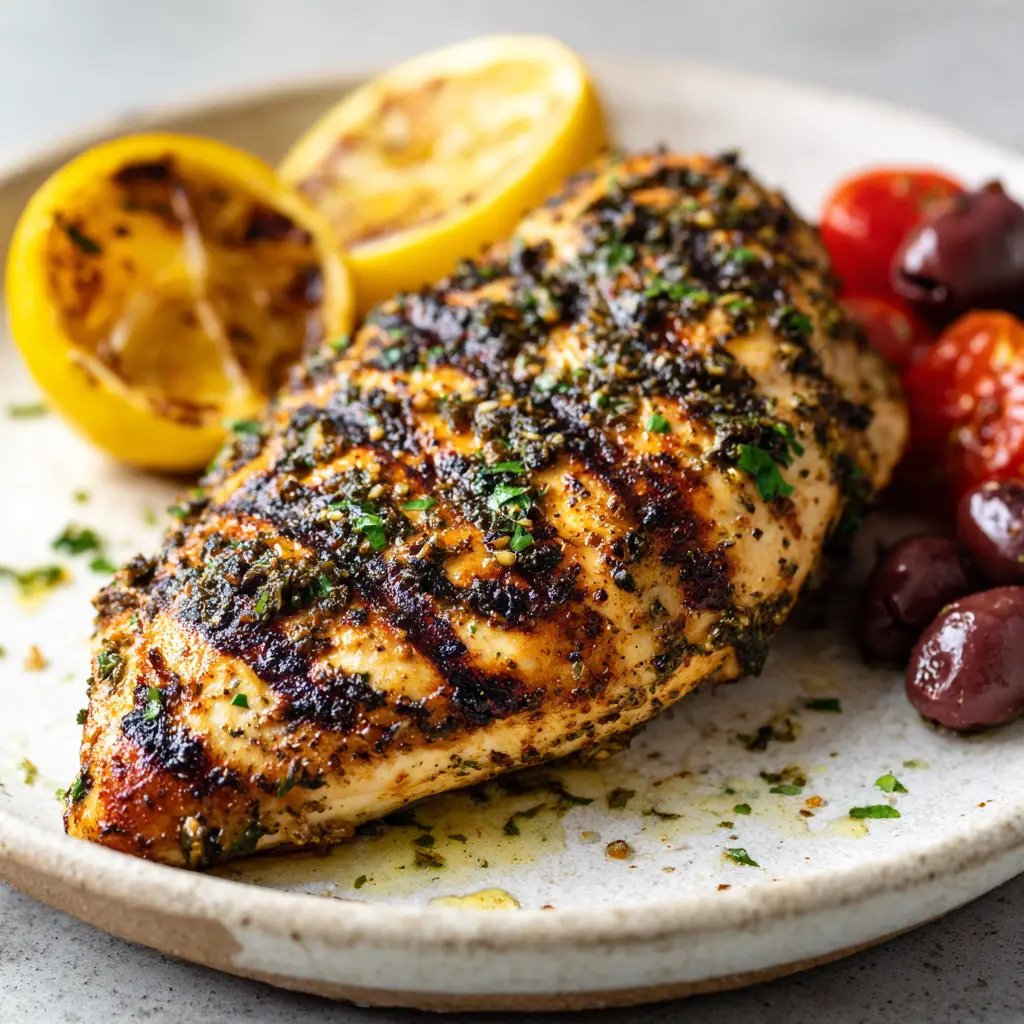 Sensational Mediterranean Grilled Chicken with Blistered Tomatoes 2 Smartphone photo of plump Mediterranean grilled chicken with dark brown grill marks and a heavy crust of dark green parsley and minced garlic.