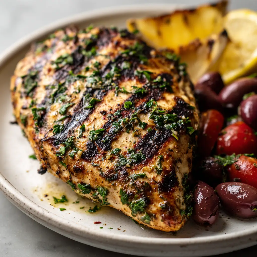 Sensational Mediterranean Grilled Chicken with Blistered Tomatoes 1 Mediterranean grilled chicken served with slightly charred bright yellow lemon wedges, blistered red cherry tomatoes, and whole dark purple kalamata olives.