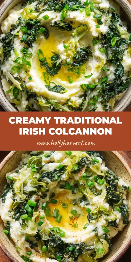 A close-up overhead shot of an authentic Irish Colcannon Recipe in a rustic ceramic bowl featuring a thick mound of potatoes, vibrant greens, and melted butter.