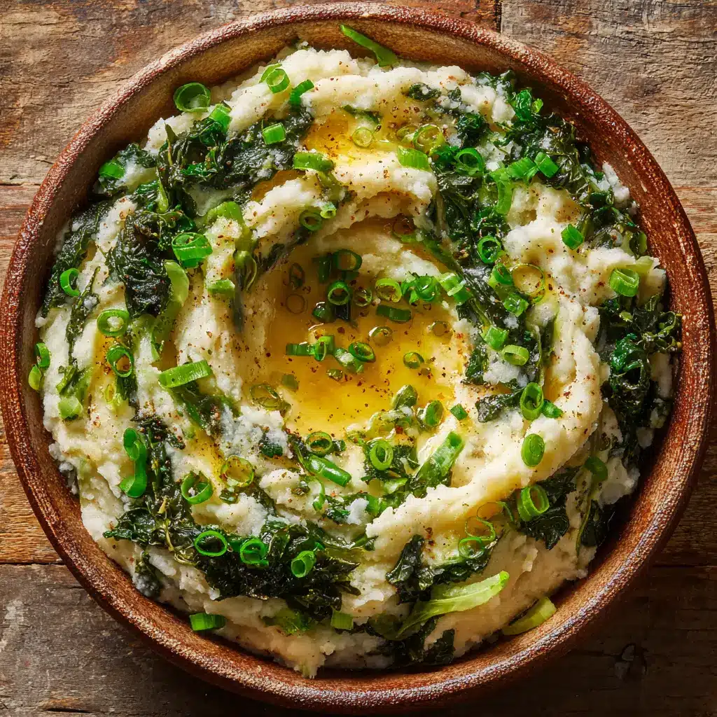 Deep well filled with a rich pool of melted golden butter surrounded by mashed potatoes and green scallions.