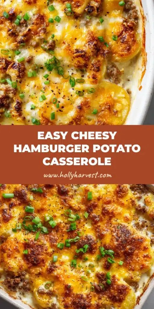 The Ultimate Cheesy Hamburger Potato Casserole 4 A close-up overhead shot of a freshly baked Cheesy Hamburger Potato Casserole in a rustic white ceramic dish.