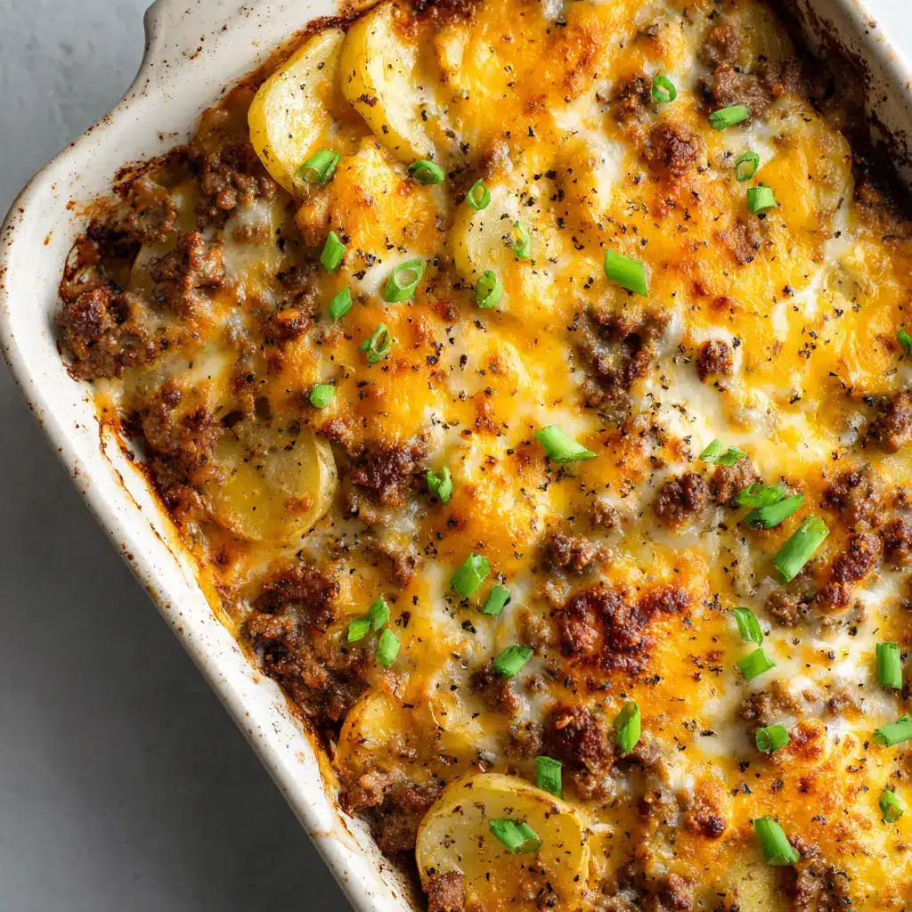 The Ultimate Cheesy Hamburger Potato Casserole 2 Sizzling crispy cheese edges on a freshly baked Cheesy Hamburger Potato Casserole topped with fresh green onions.