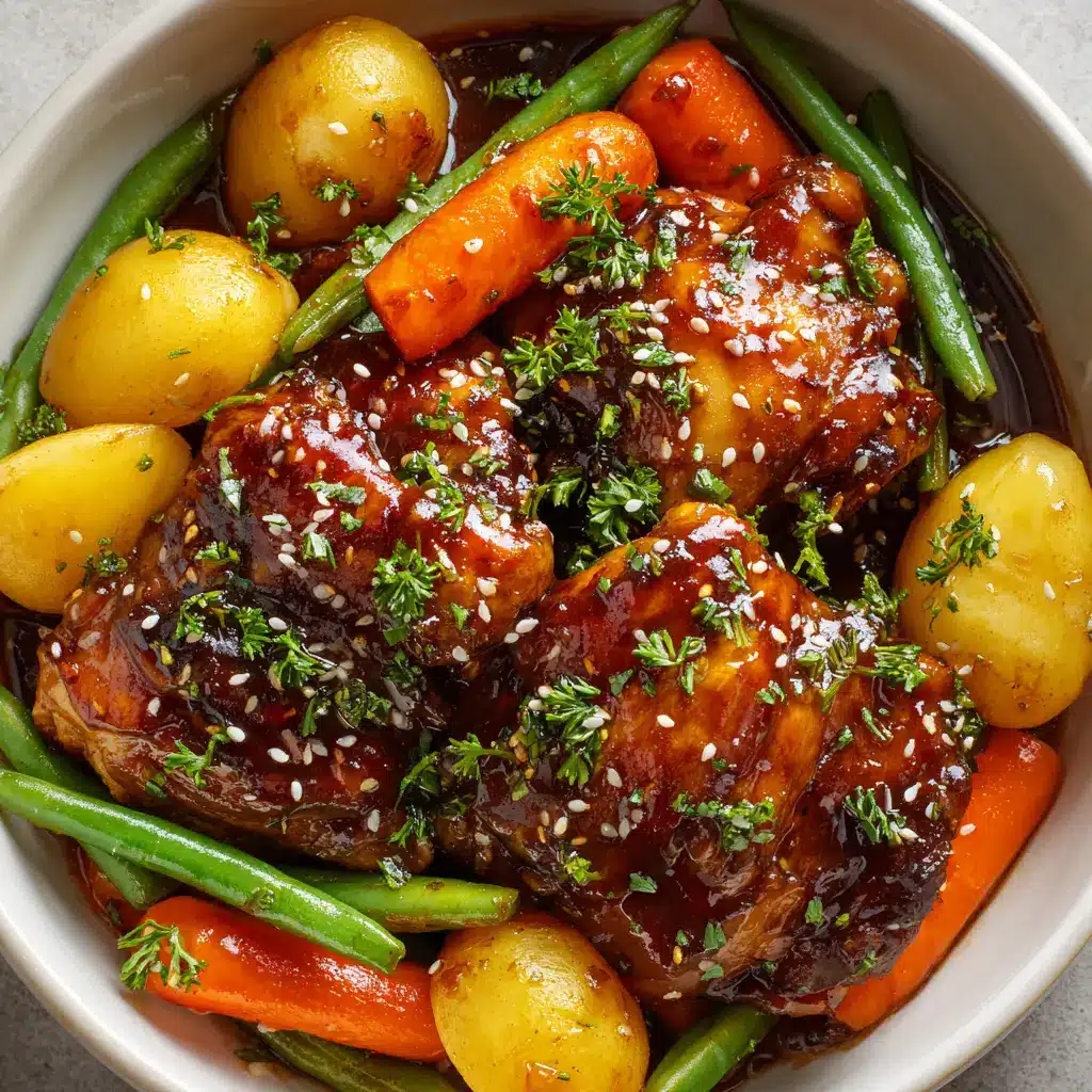 Slow Cooker Honey Garlic Chicken beautifully garnished with toasted white sesame seeds and freshly minced green parsley flakes.