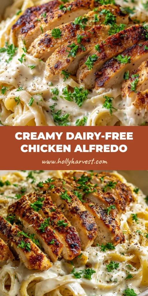 A close-up view of Dairy Free Chicken Alfredo featuring thick fettuccine noodles in a velvety off-white sauce, topped with golden-brown pan-seared chicken and fresh parsley.