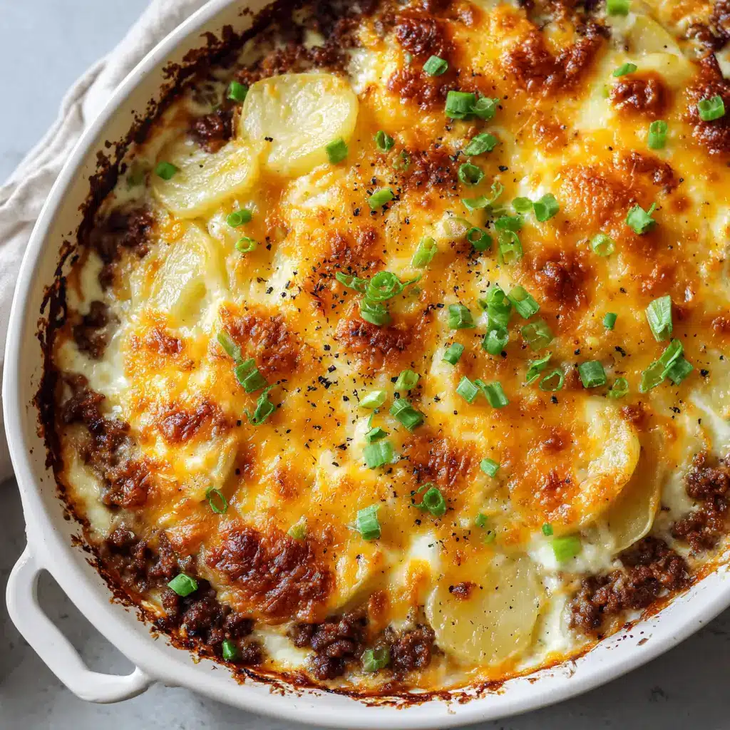 The Ultimate Cheesy Hamburger Potato Casserole 1 Visible layers of thinly sliced golden potatoes, ground beef, and thick creamy pale sauce inside a baking dish.