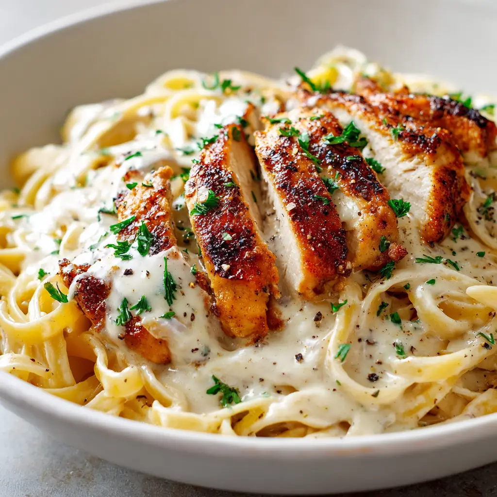 Thick, juicy slices of golden-brown pan-seared chicken breast resting on top of dairy-free fettuccine Alfredo, garnished with coarse black pepper.