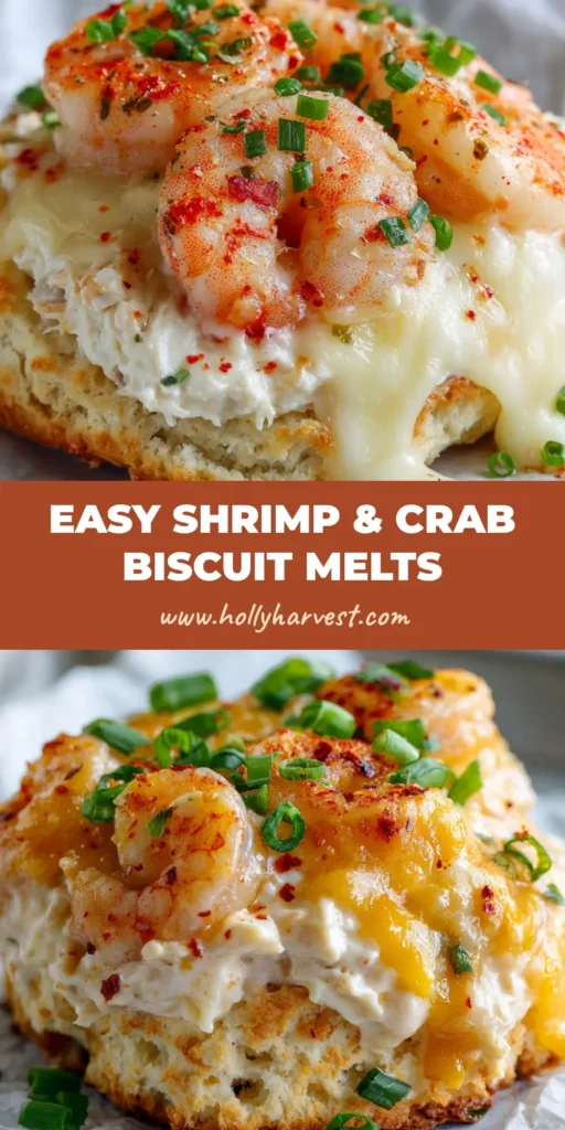 Close up shot of Shrimp and Crab Biscuit Melts topped with melted cheese, pink shrimp, and green onions on parchment paper.