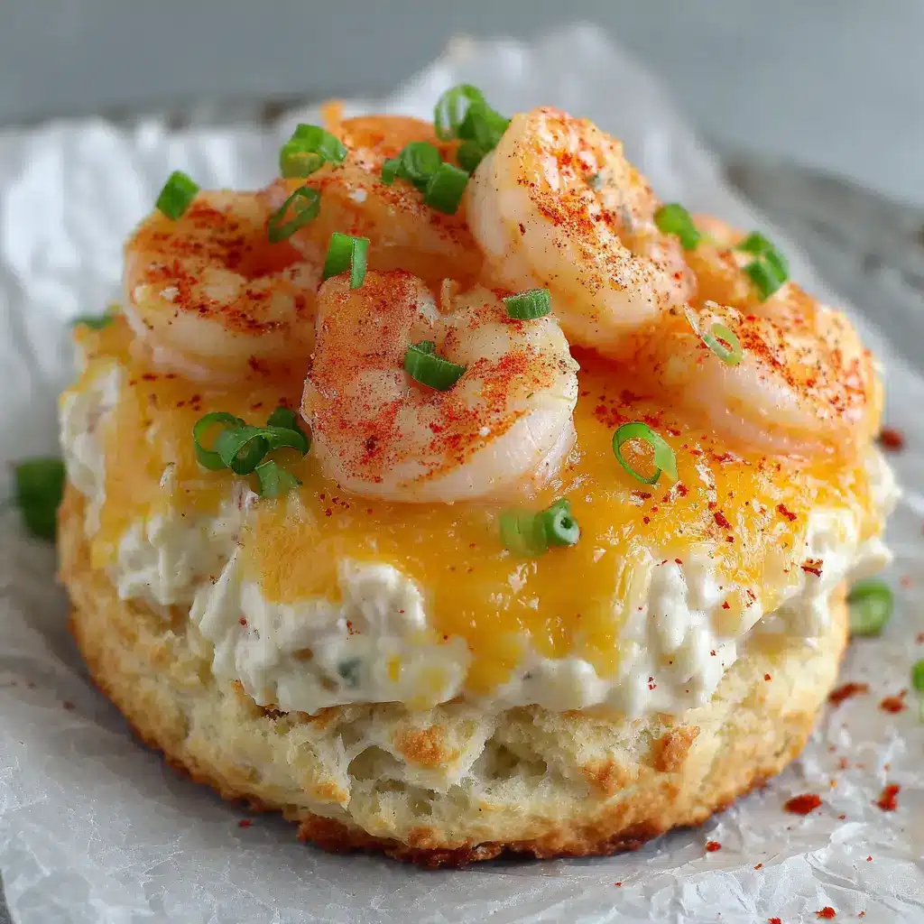 Gooey melted golden cheddar and white Monterey Jack cheese crowning a seafood biscuit melt with a dusting of red paprika.