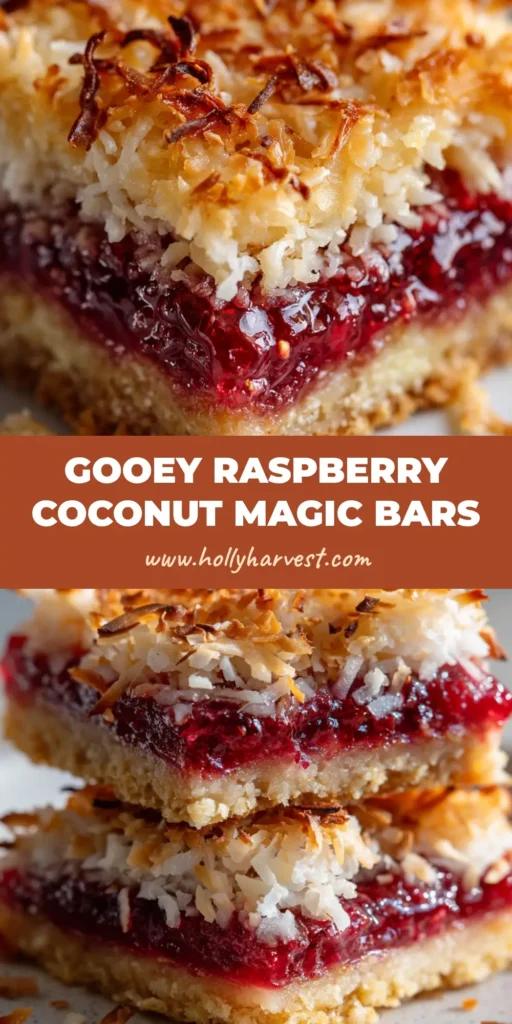 A close-up shot of a stacked Raspberry Coconut Magic Bar on a white ceramic plate showing a crumbly graham crust, thick glistening ruby-red raspberry preserve, and crispy toasted golden-brown coconut.