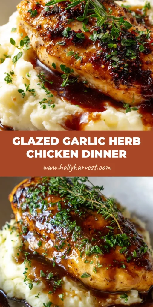 A close-up view of Garlic Herb Glazed Chicken, featuring a golden-brown pan-seared breast coated in a sticky dark glaze over creamy mashed potatoes.