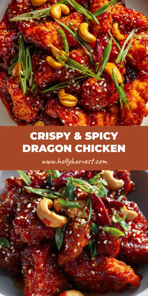 A close-up of crispy fried chicken strips thickly coated in a vibrant red-orange sweet and spicy sauce, topped with roasted cashews, spring onions, and sesame seeds. (Dragon Chicken Recipe)
