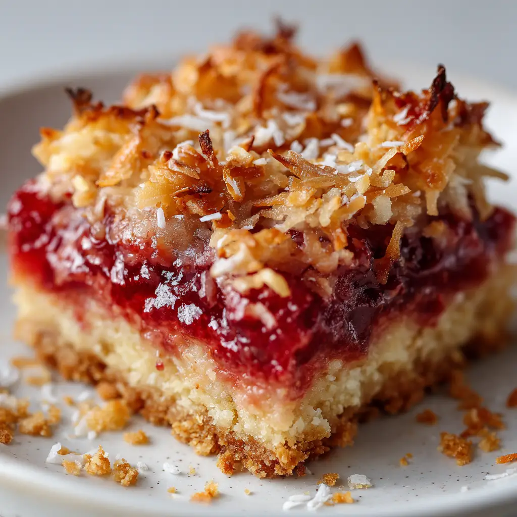 A close-up view of the gooey baked sweetened condensed milk mixed with shredded coconut on top of the magic bar.