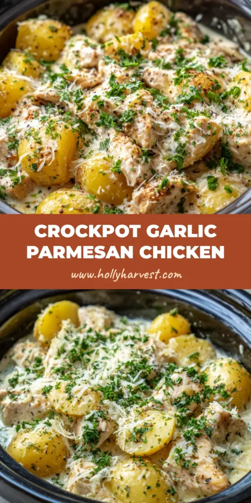 A dark ceramic slow cooker insert filled with Crockpot Garlic Parmesan Chicken, showcasing tender chicken chunks and halved yellow baby potatoes smothered in a thick white garlic sauce, garnished with parsley and parmesan.