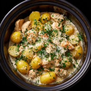 Close up of heavily coated slow-cooked chicken chunks and halved yellow baby potatoes in a creamy white garlic sauce for Crockpot Garlic Parmesan Chicken.