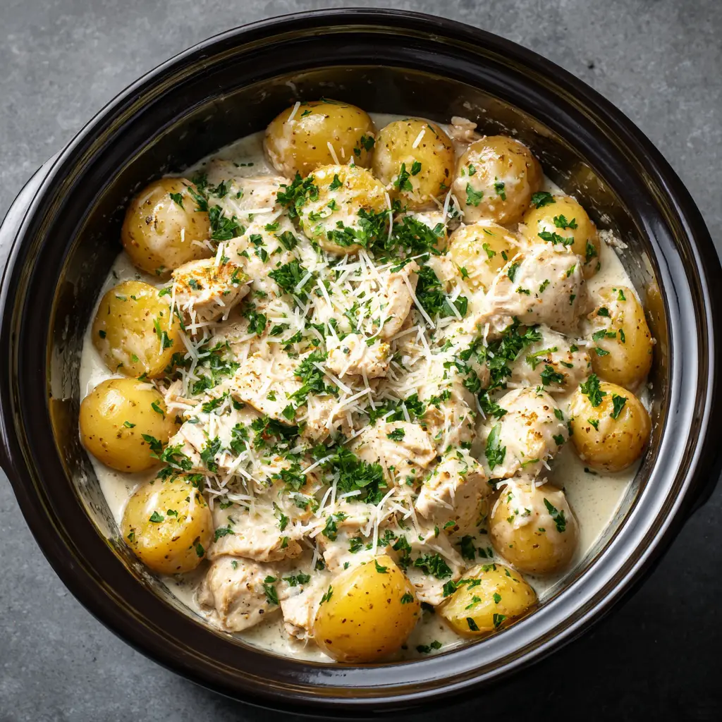 Surface view of Crockpot Garlic Parmesan Chicken generously garnished with freshly grated parmesan cheese and bright green chopped parsley flakes inside a dark ceramic insert.