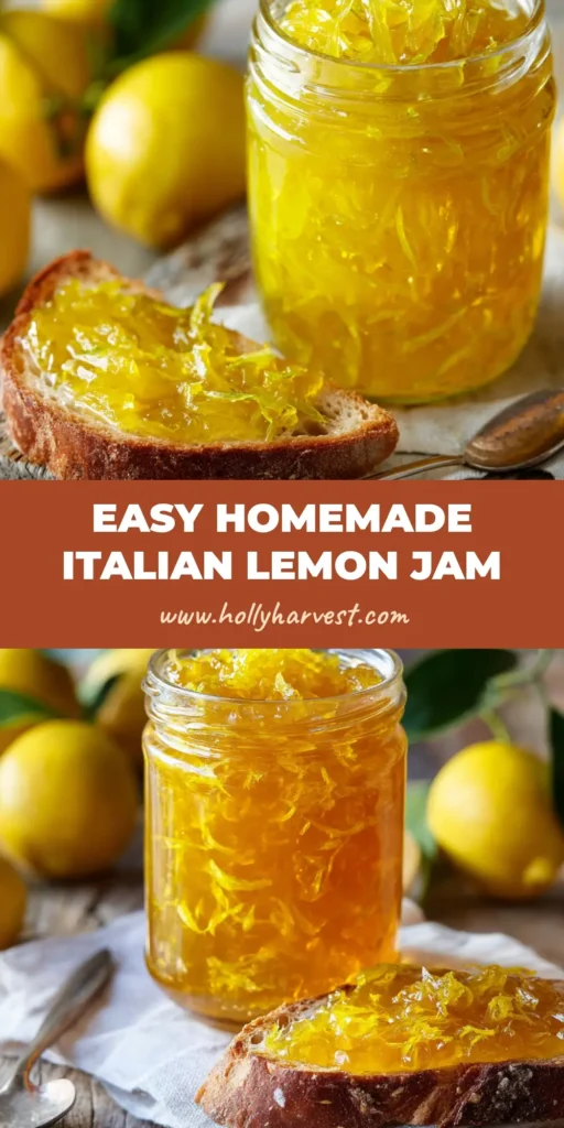 Brilliant Homemade Lemon Jam from Scratch 4 A clear glass mason jar filled with thick, glossy, bright yellow Homemade Lemon Jam next to crusty toasted artisan bread spread with jam.