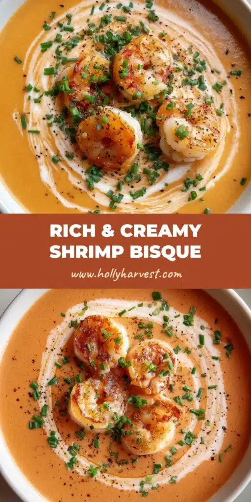 A luxurious round white ceramic bowl filled with creamy orange-pink Shrimp Bisque, garnished with three plump seared shrimp, a swirl of fresh cream, finely chopped green chives, and coarse cracked black pepper.