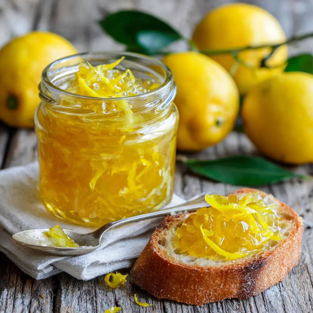 Brilliant Homemade Lemon Jam from Scratch 2 Close up view of bright yellow Homemade Lemon Jam showing translucent cooked lemon peel shreds and small citrus pulp pieces.