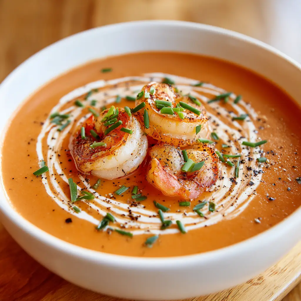 Close-up view of a velvety smooth orange-pink Shrimp Bisque soup base featuring an artistic swirl of fresh heavy cream and three plump pink shrimp in the center.