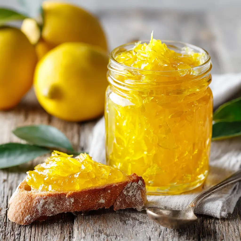 Brilliant Homemade Lemon Jam from Scratch 1 Fresh whole lemons with green leaves scattered around a glass jar of glistening yellow lemon jam and a silver spoon.