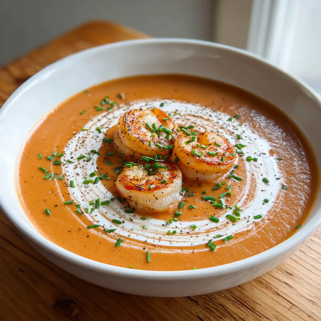 Close-up overhead view of Shrimp Bisque resting on a simple wooden tabletop, garnished with chopped fresh green chives and cracked black pepper.