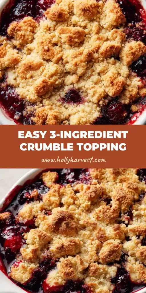 A close up overhead view of a freshly baked fruit crumble featuring a 3-Ingredient Crumble Topping with chunky, golden-brown clusters over bubbling, glossy deep reddish-purple berry juices.