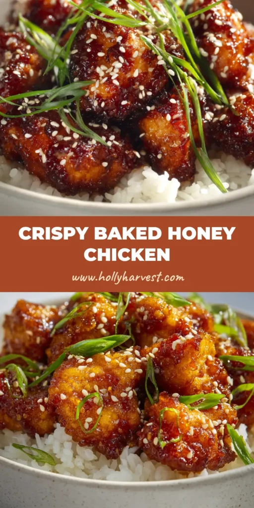 Crispy golden-brown baked chicken chunks coated in sticky glossy honey glaze, sprinkled with sesame seeds and green onions. (Baked Crunchy Honey Chicken)