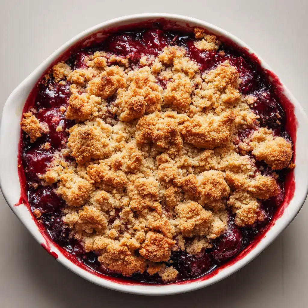 Drops of dark magenta berry juice stain the edges of the white dish under a freshly baked 3-Ingredient Crumble Topping.