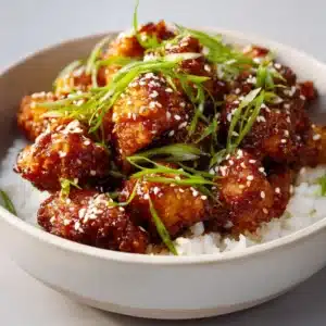 Close-up of distinctly textured, crunchy baked chicken chunks being tossed in a thick amber honey glaze. (Baked Crunchy Honey Chicken)