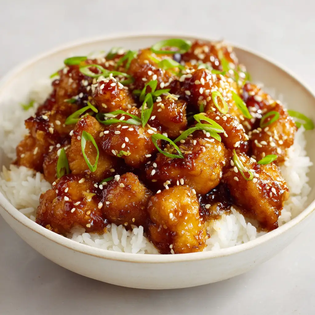 A shallow matte white ceramic bowl filled with fluffy white rice, topped with sticky glazed chicken, toasted sesame seeds, and green onions.