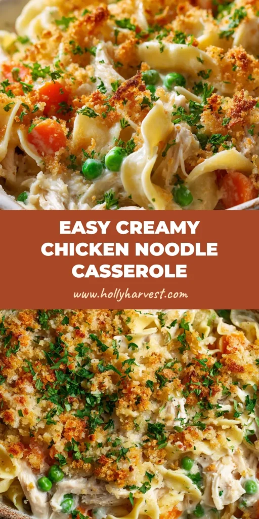 A rustic rectangular ceramic baking dish filled with Easy Chicken Noodle Casserole, featuring wide egg noodles, creamy off-white sauce, chicken, peas, carrots, and a golden-brown breadcrumb crust.