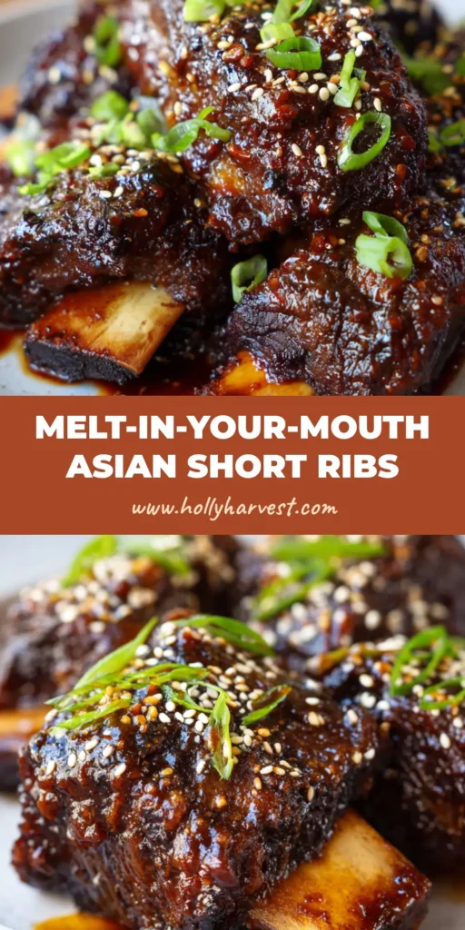 Asian Beef Short Ribs (Sticky, Slow-Roasted Perfection) 4 Close-up of slow-roasted Asian beef short ribs coated in a thick, sticky dark brown soy glaze with charred edges, garnished with toasted sesame seeds and green onions.