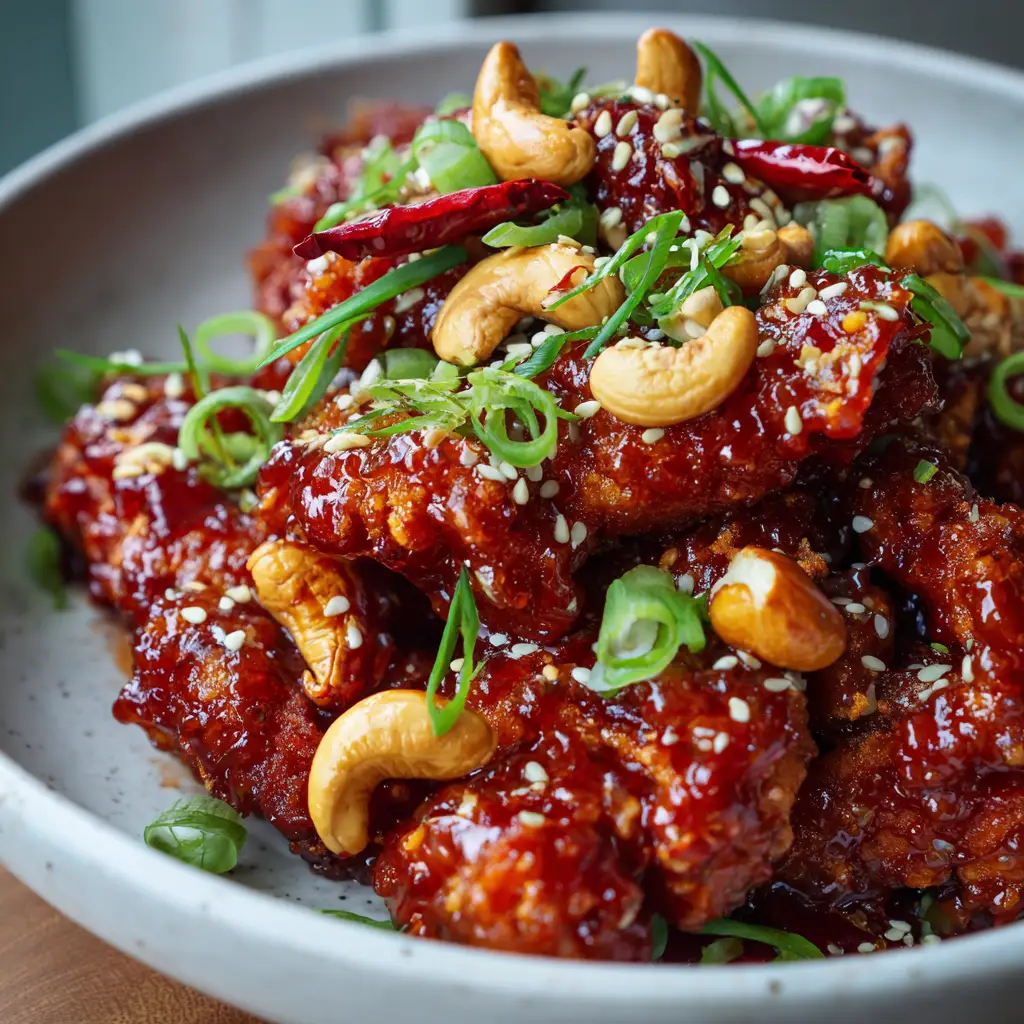 Macro shot detailing the thick, sticky, vibrant red-orange sweet and spicy sauce clinging to perfectly fried chicken strips.